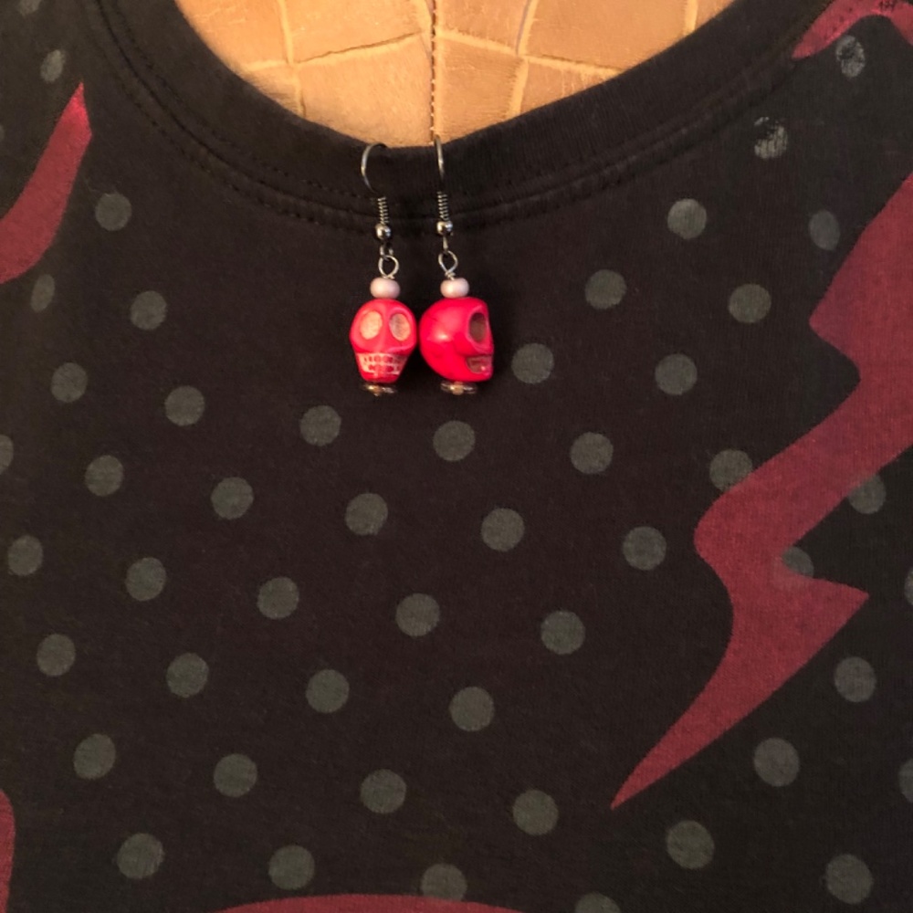 Bride OF Frankenstein Halloween Tee Shirt & Scull Earrings LG - Picture 6 of 8